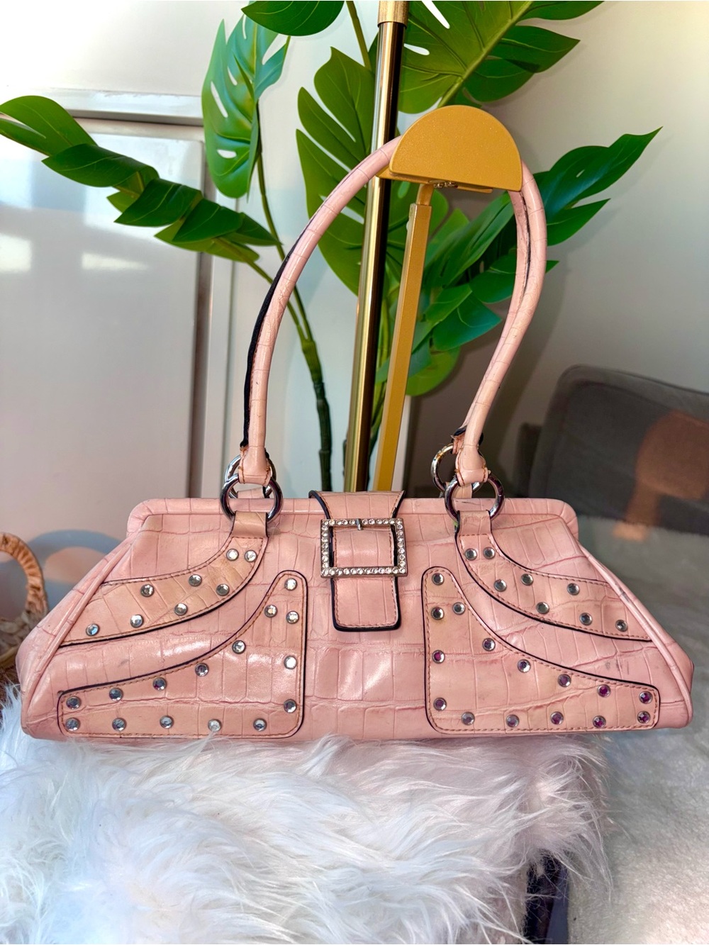 Vintage Y2K JLO Pink Croc Rhinestone Studded McBling Shoulder Bag 2000s Glam